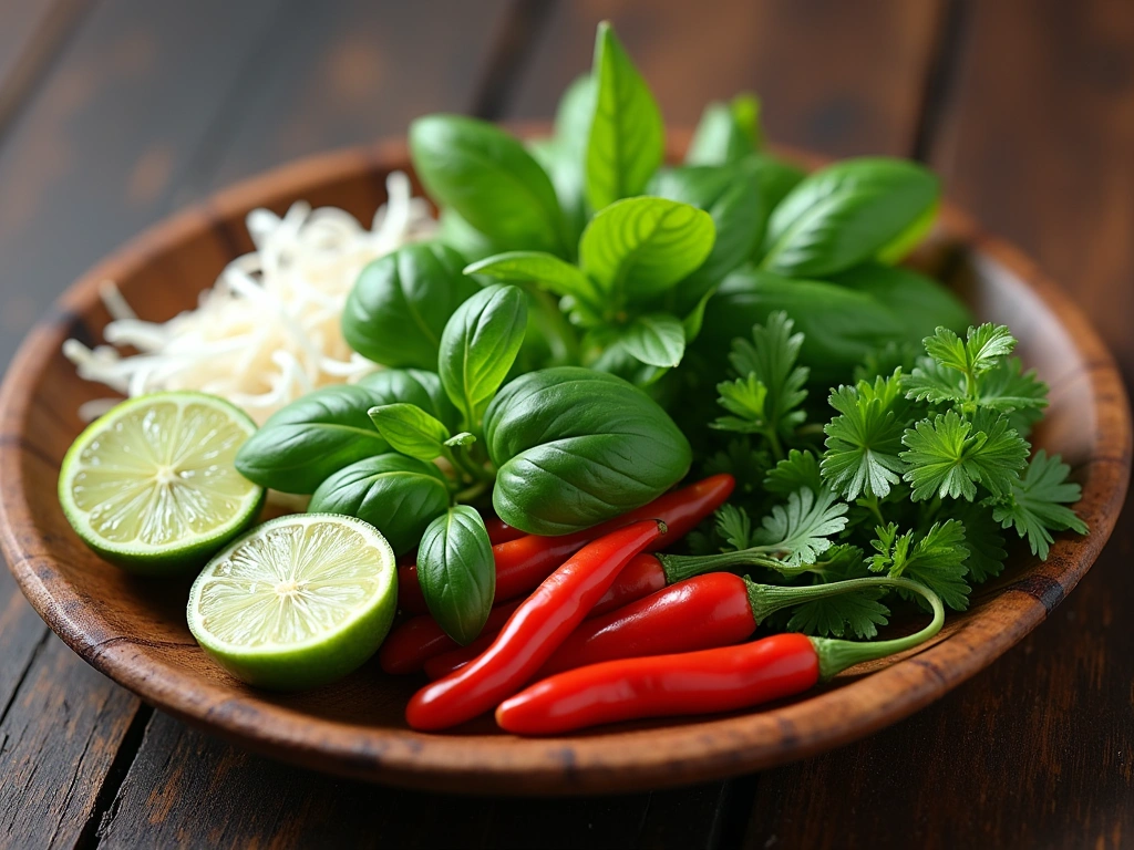 Fresh herb plate with basil, mint, and bean sprouts